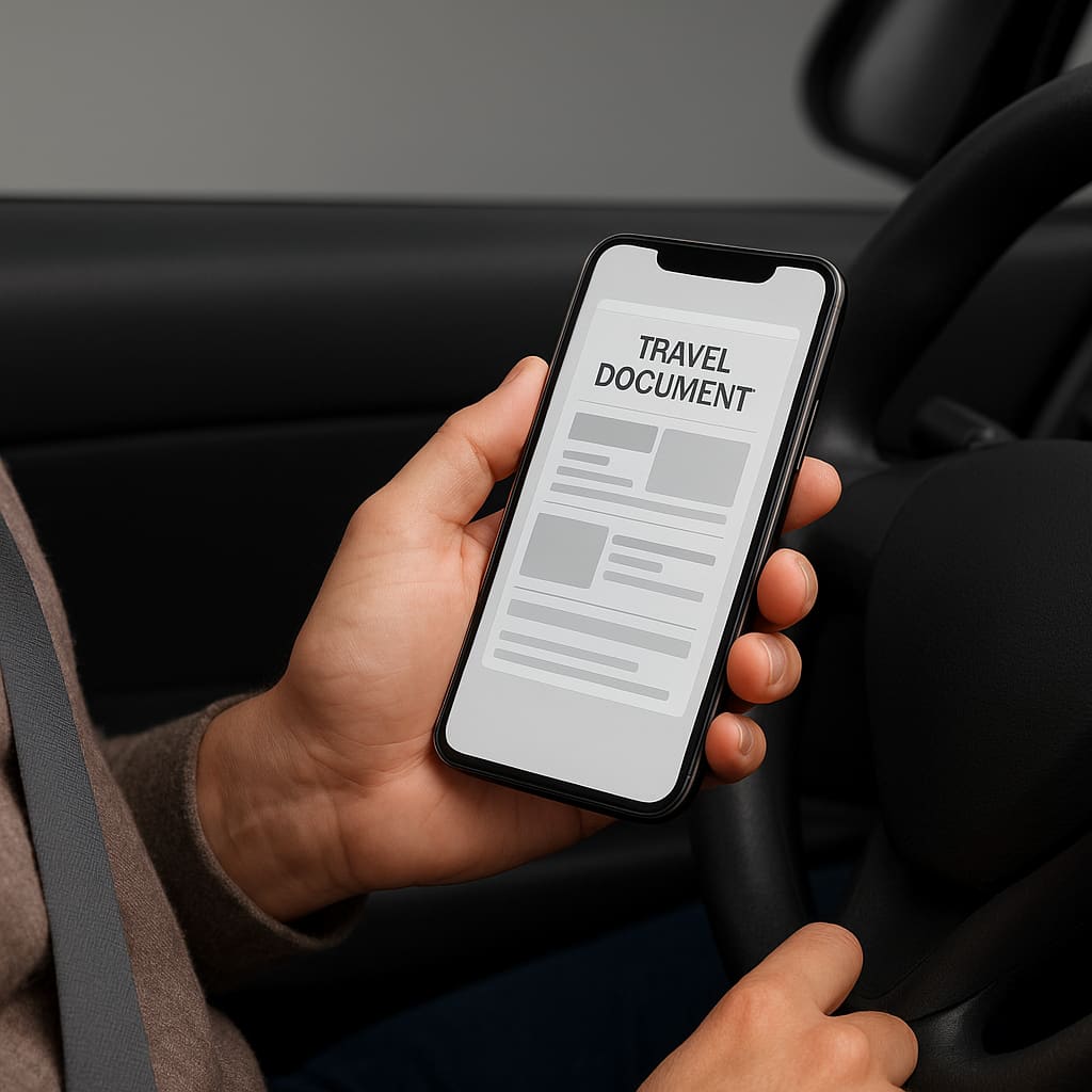 Vorbereitung einer Reise mit Smartphone und Unterlagen im Fahrzeug
