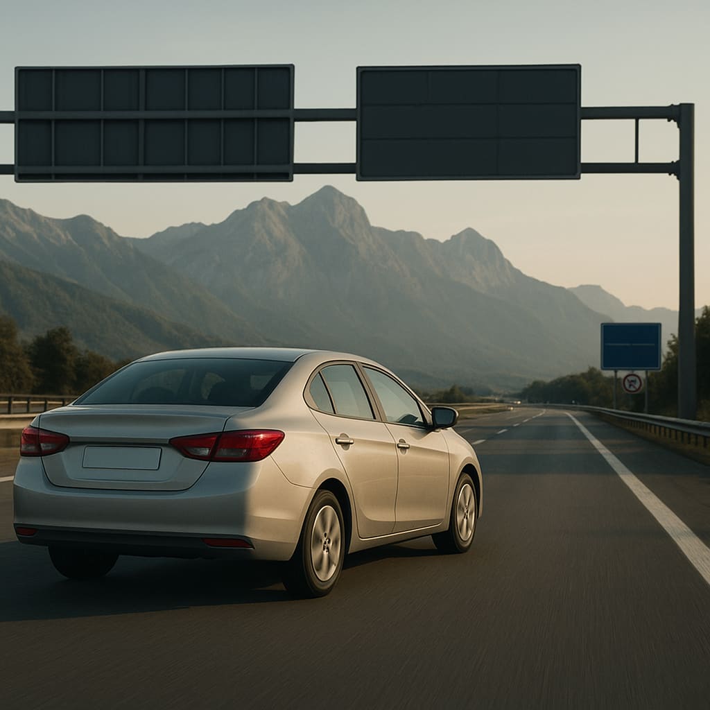 Autobahnfahrt in Europa mit sauberer Strecke und Bergkulisse