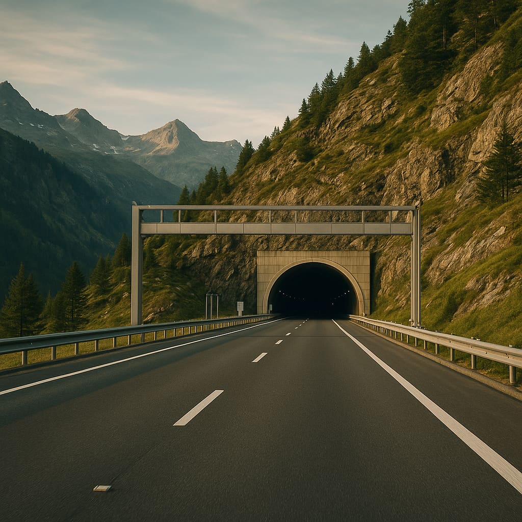 Alpenroute mit Tunnel und klar markierter Fahrbahn